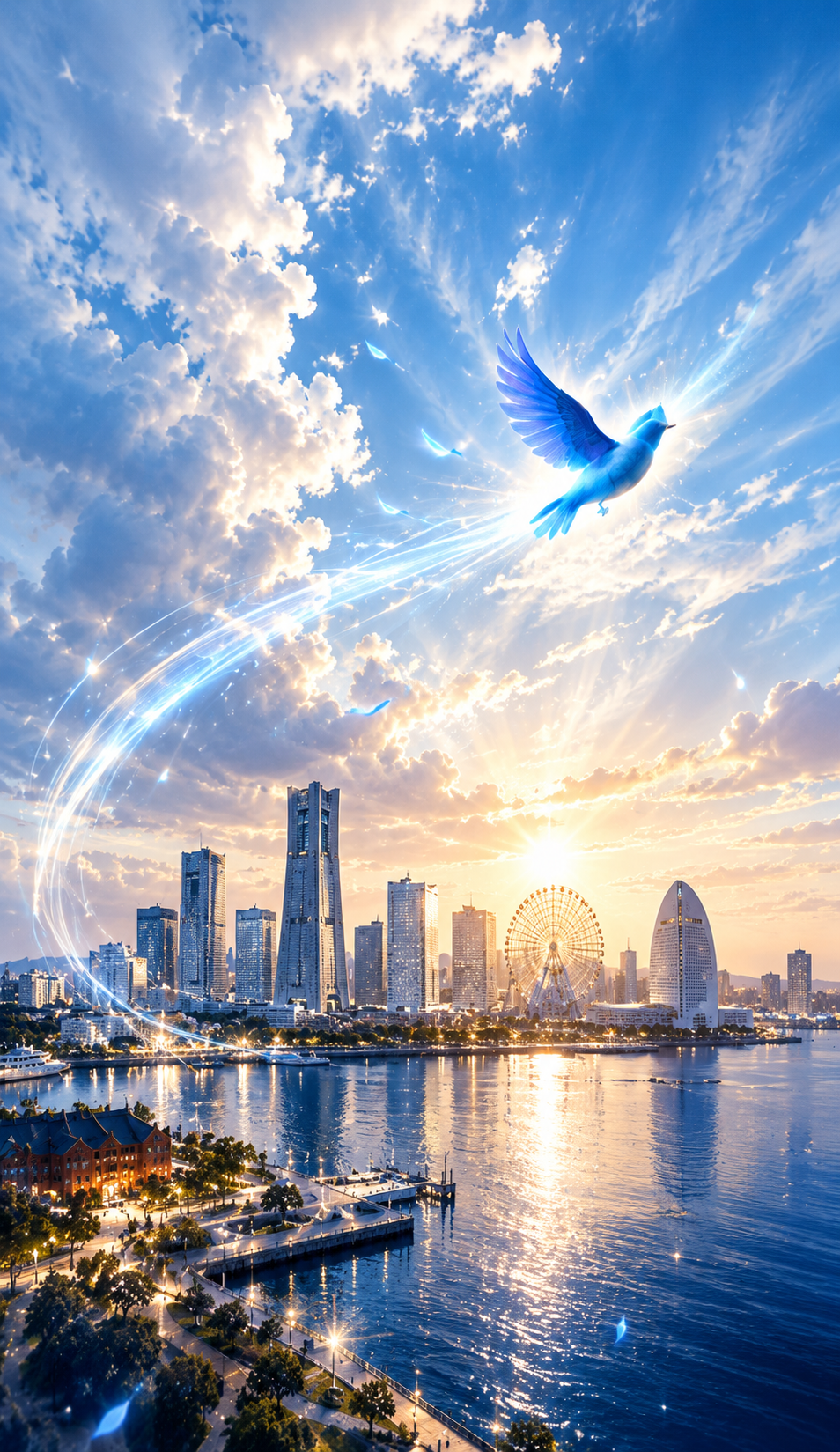青い鳥が横浜の街並みを羽ばたく風景